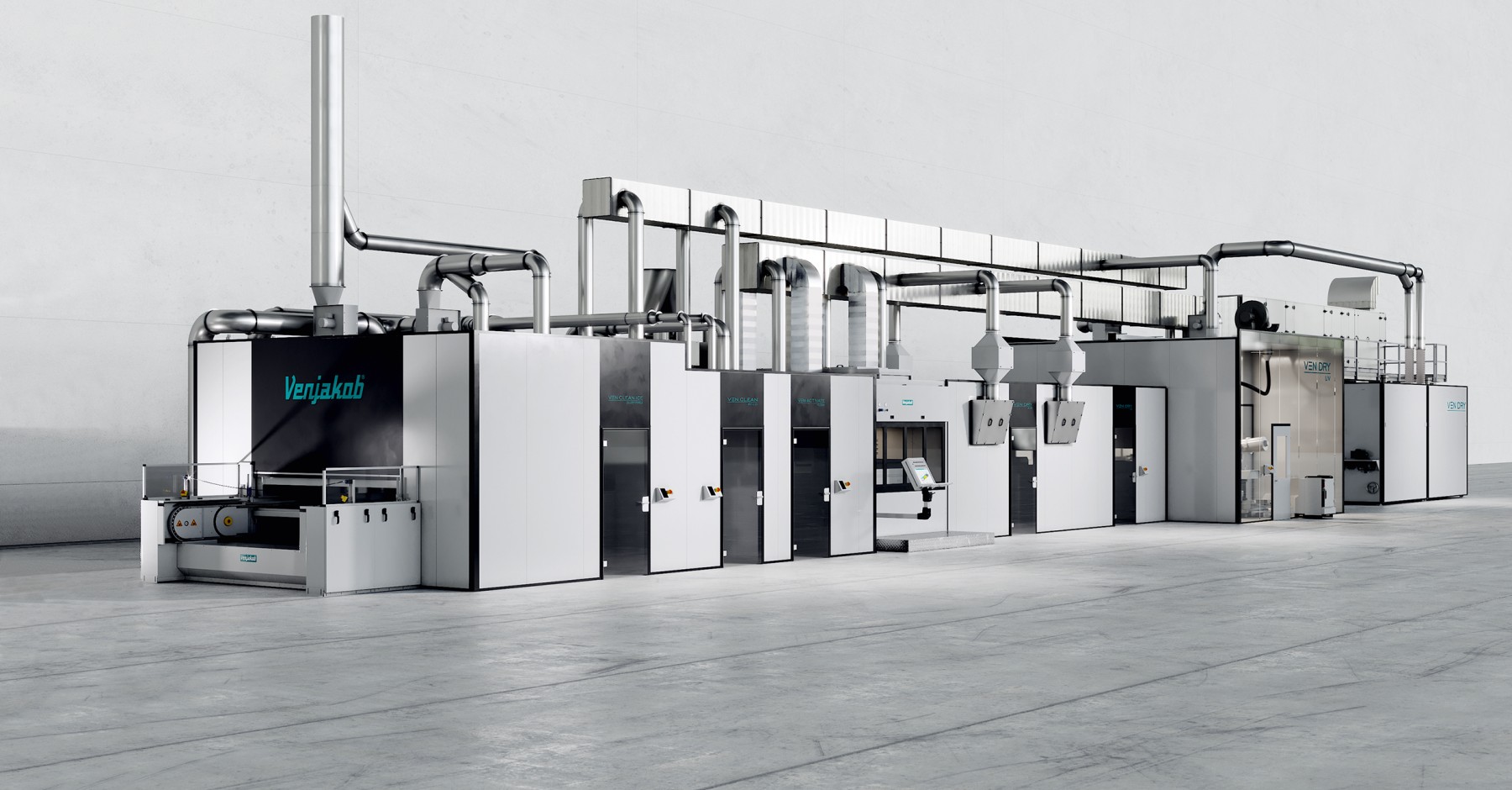 Coating line for plastic components with modular design, individually adapted